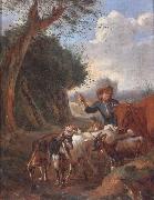 unknow artist A Young herder with cattle and goats in a landscape painting